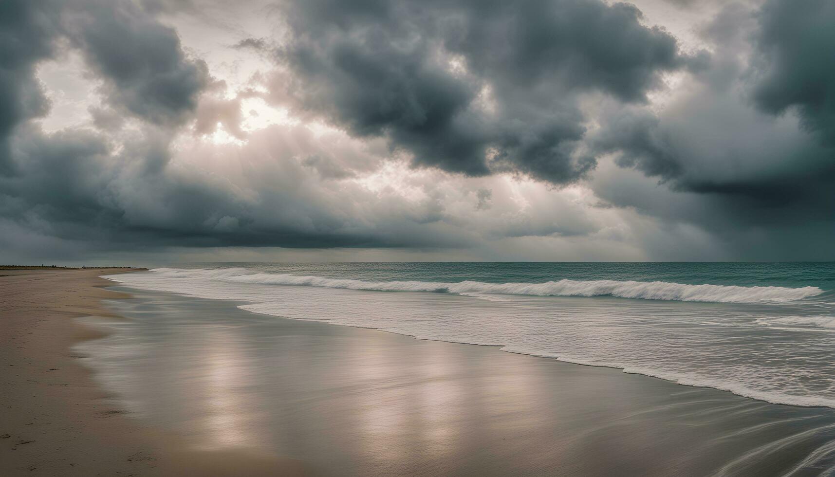 AI generated a stormy day on the beach with waves and clouds photo