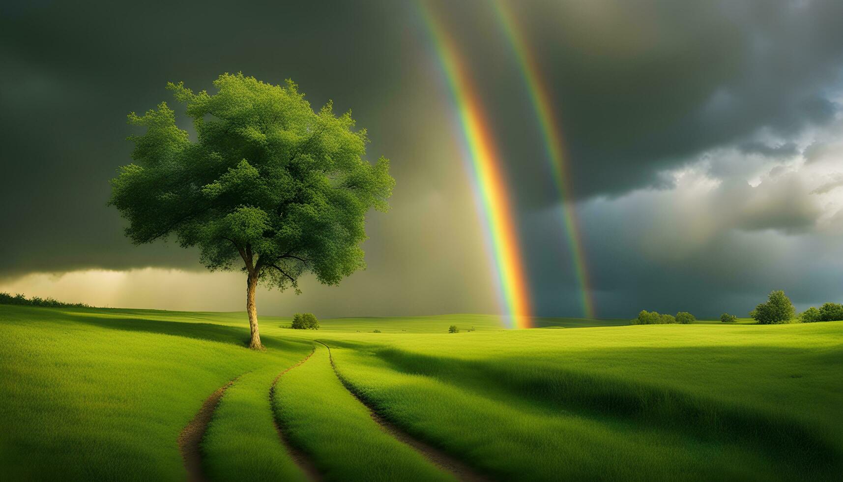 AI generated a rainbow is seen over a field with a tree photo