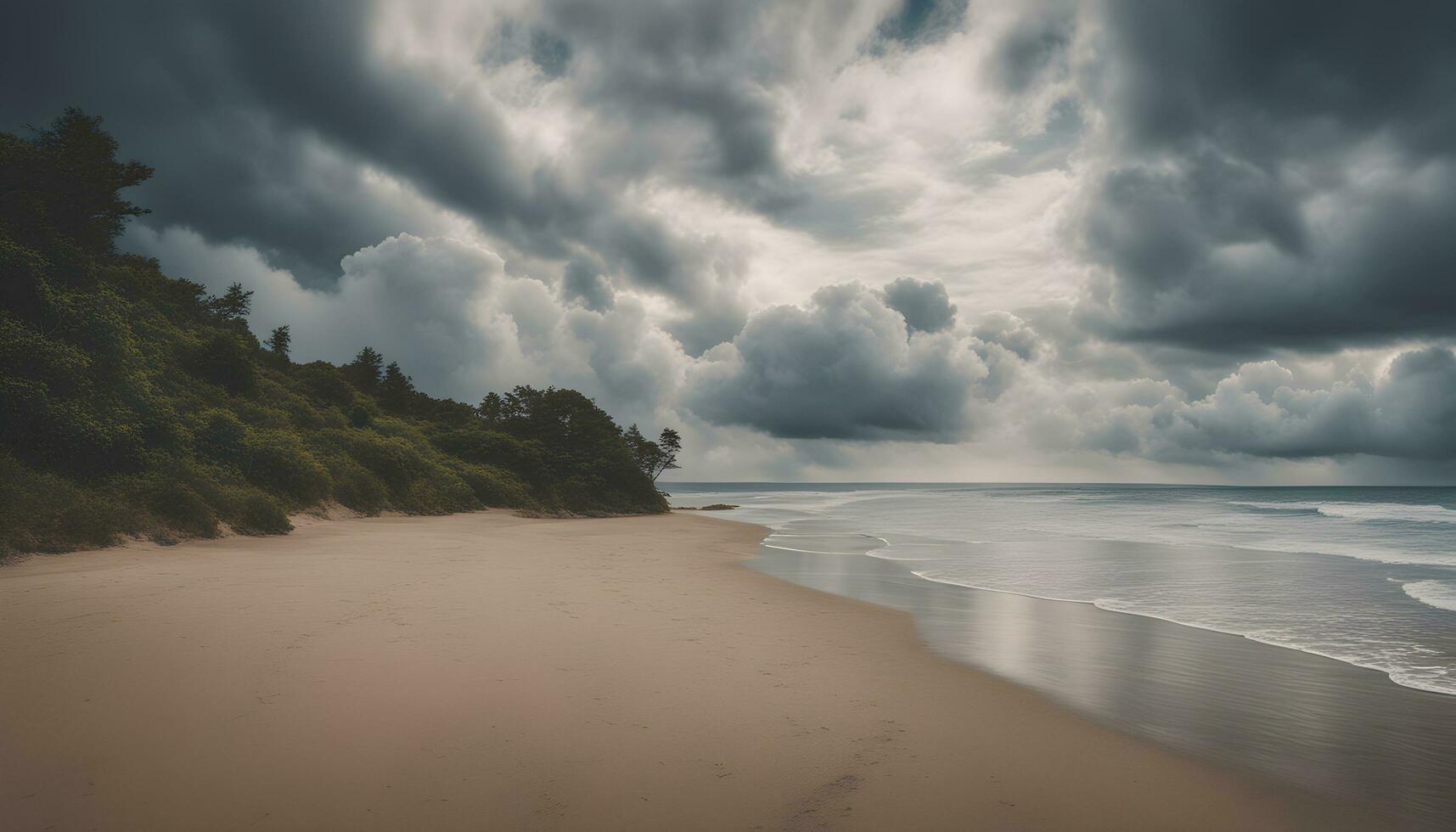 AI generated a beach under a cloudy sky with waves and sand photo