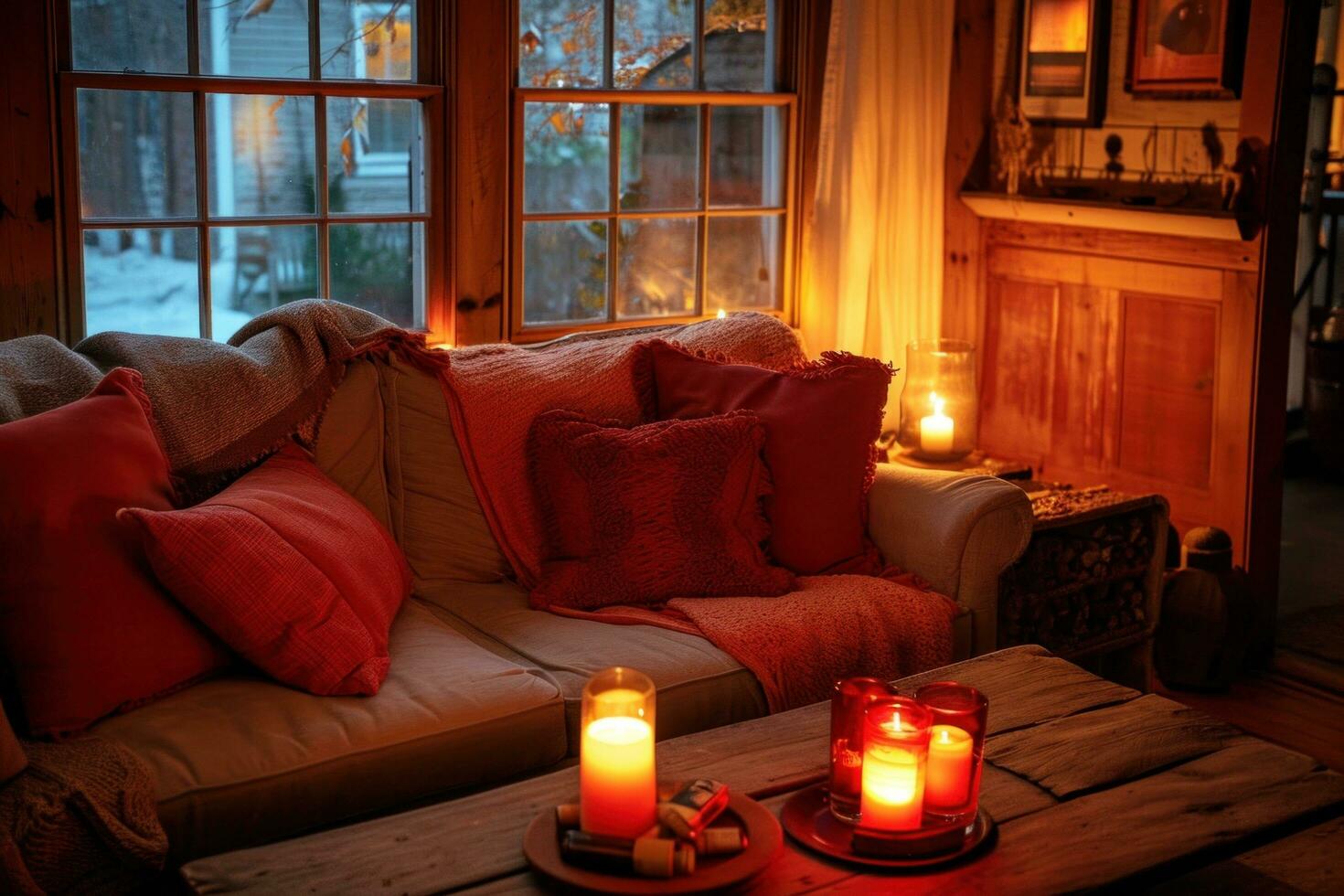 AI generated Cozy Blankets, Red Pillows, and Candlelight Glow photo