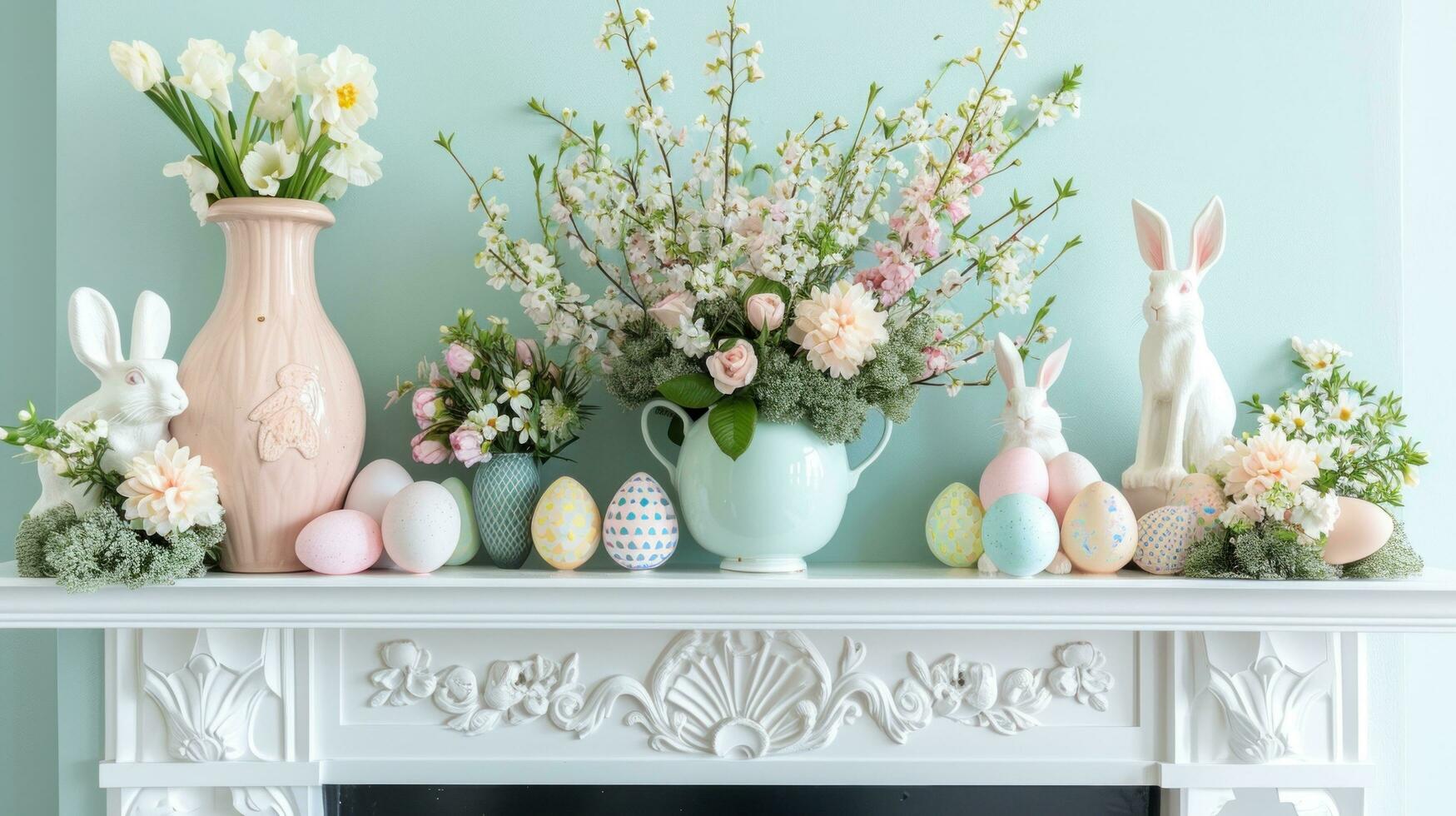 AI generated A fireplace mantel adorned with Easter-themed decor photo