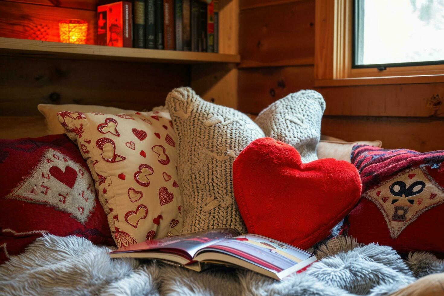 AI generated Plush Throws, Heart-shaped Cushions, and Love-themed Books photo