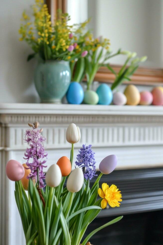 AI generated Colorful Eggs and Spring Florals Frame Fireplace photo