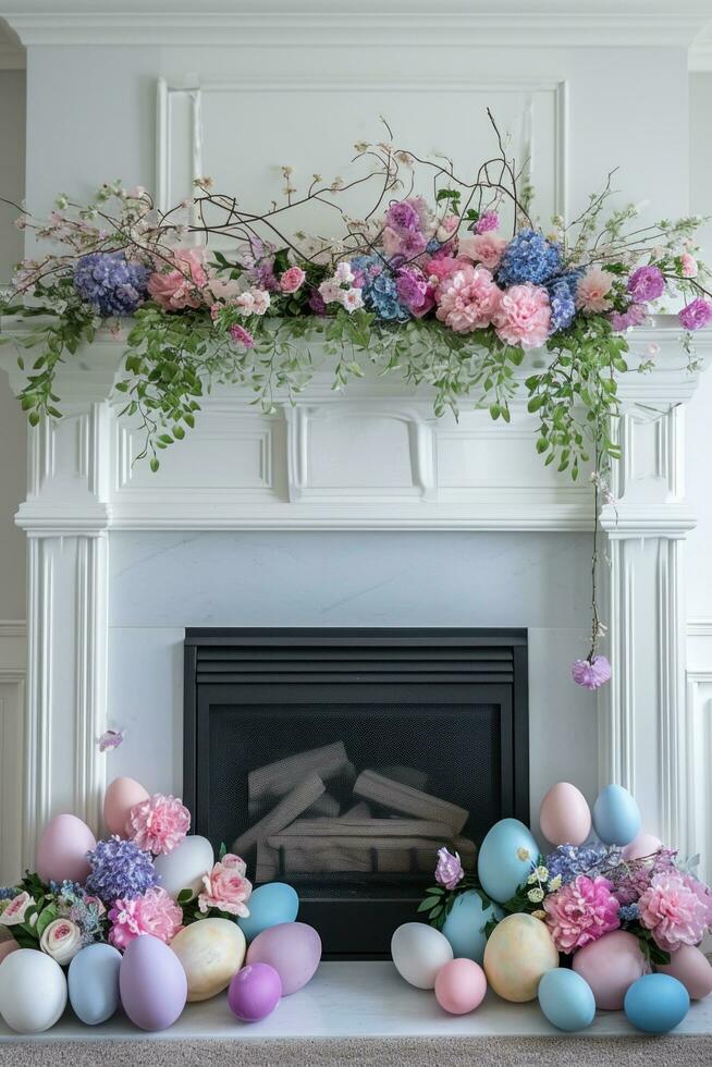 AI generated Colorful Eggs and Spring Florals Frame Fireplace photo