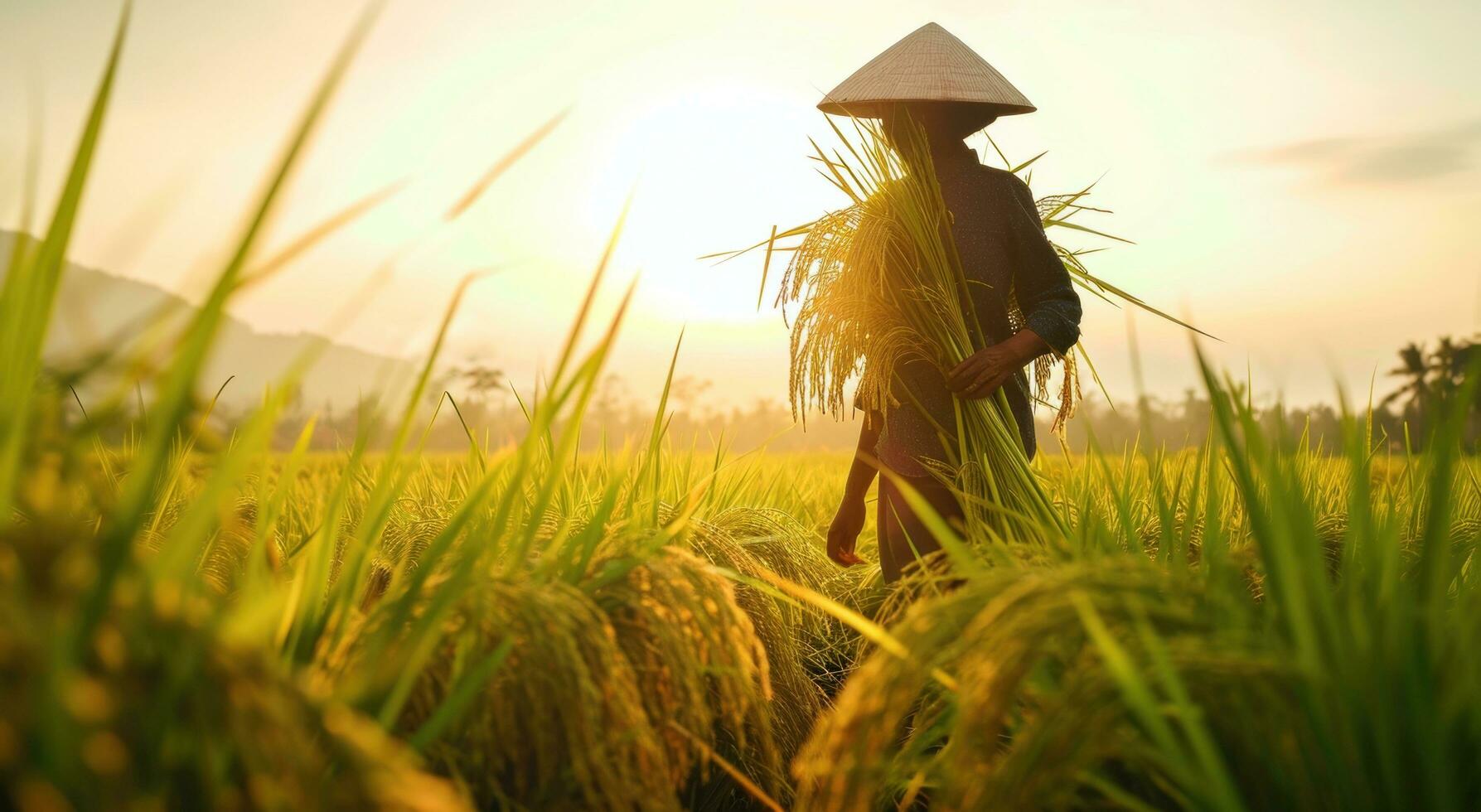 AI generated one of the workers in a field of rice photo