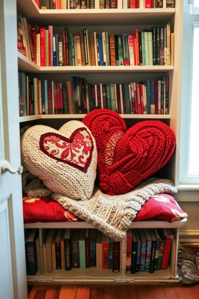 AI generated Plush Throws, Heart-shaped Cushions, and Love-themed Books photo