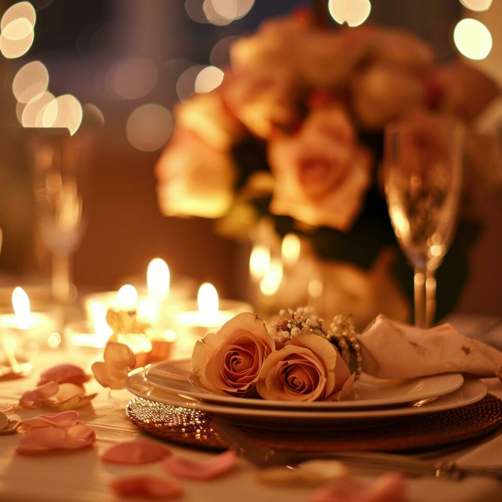 AI generated Candlelit Dinner with Roses, Hearts, and Soft Textures photo