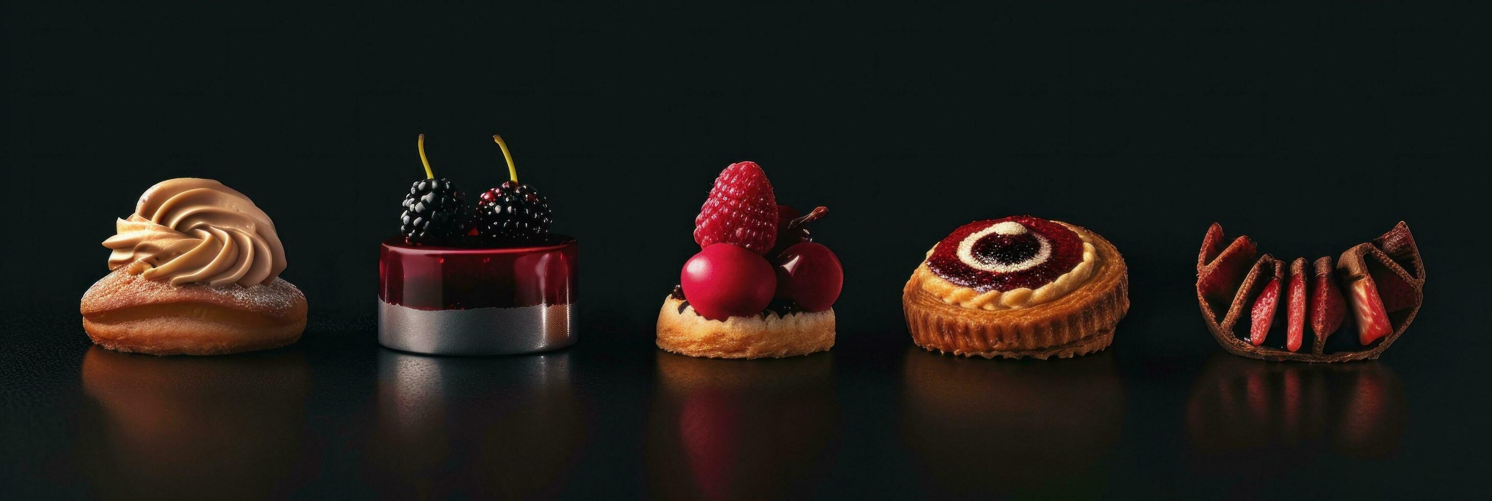 AI generated six different pastries are lined up against a black background photo