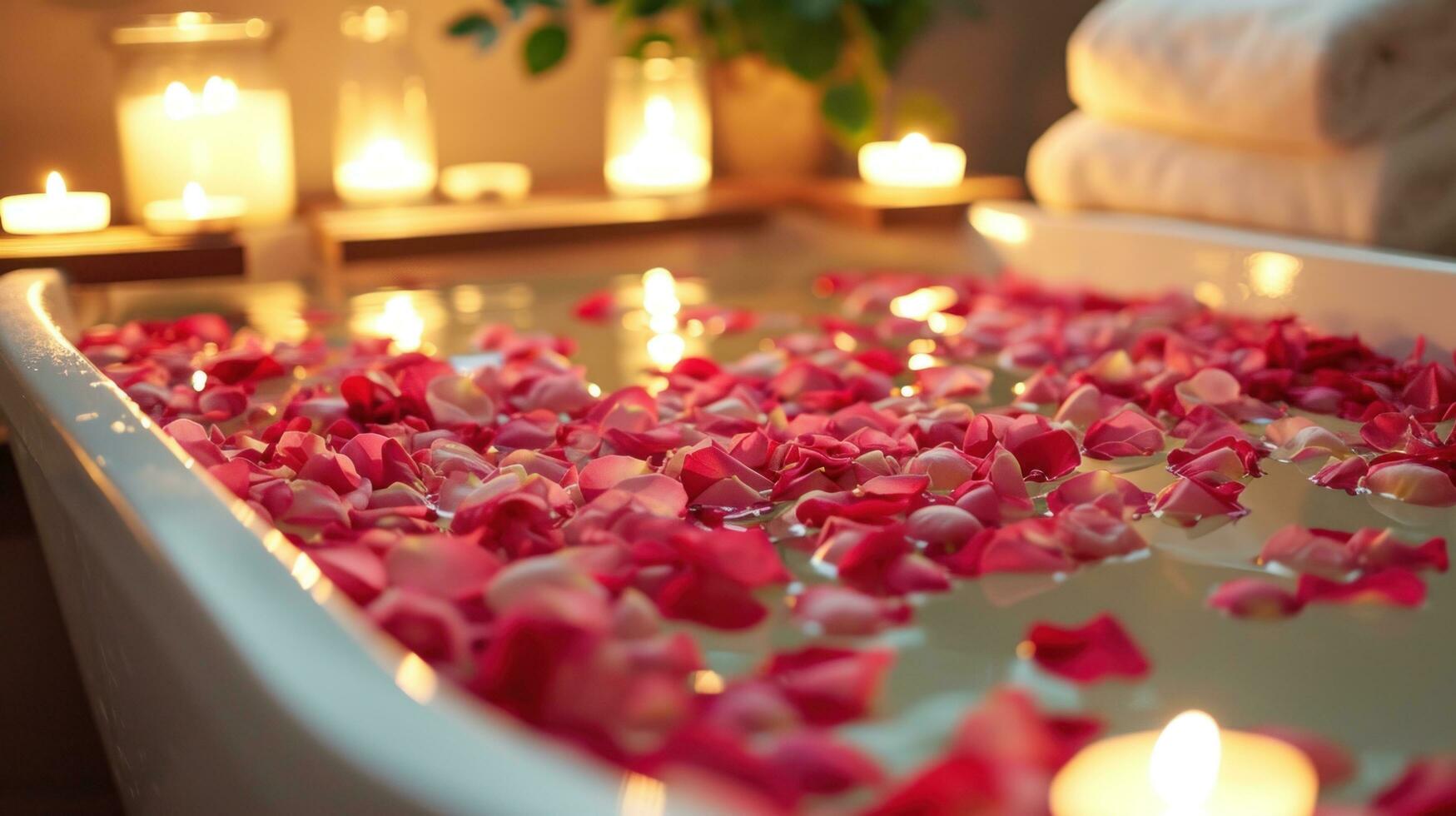 AI generated Rose-petal-filled Tub, Candles, and Aromatic Essential Oils photo
