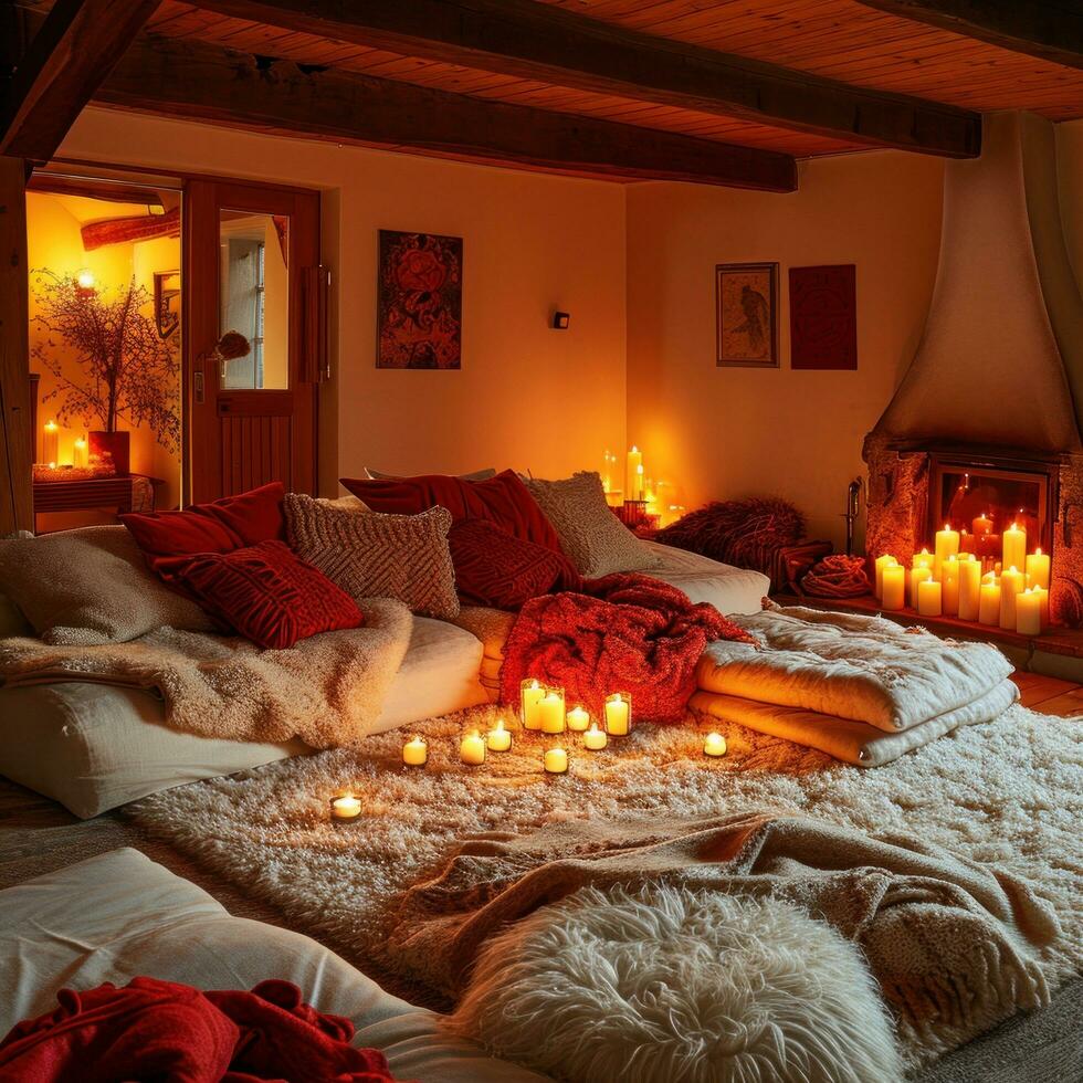 AI generated Cozy Blankets, Red Pillows, and Candlelight Glow photo