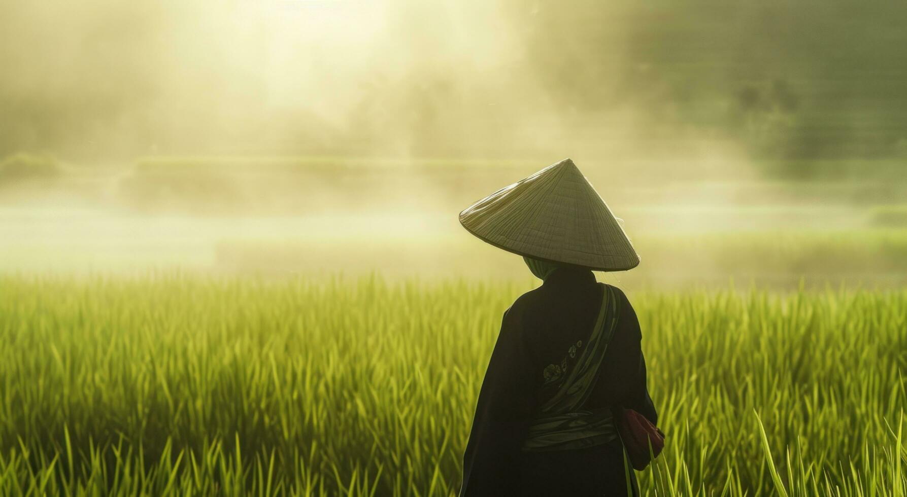 AI generated one of the workers in a field of rice photo