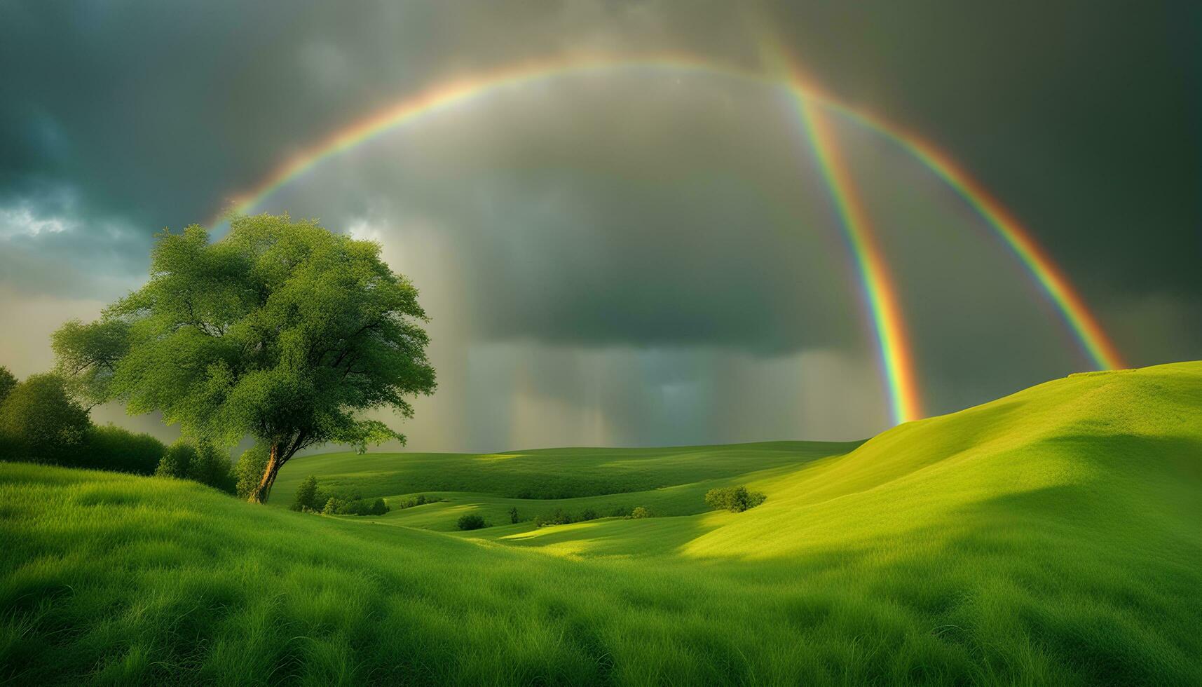 AI generated rainbow over green grassy hills with trees photo