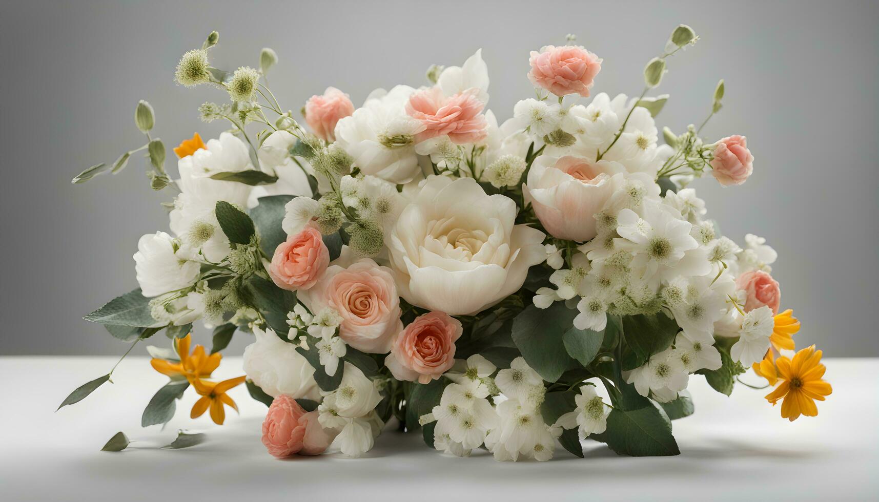 AI generated a bouquet of white and pink flowers on a table photo