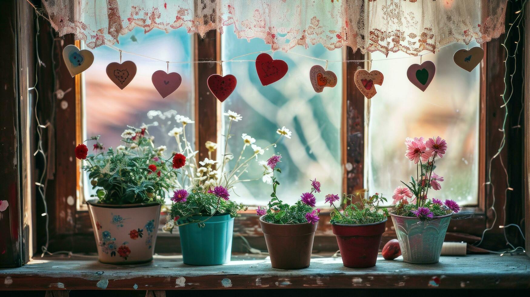 ai generado corazón guirnaldas, cordón cortinas, y floreciente en conserva flores foto