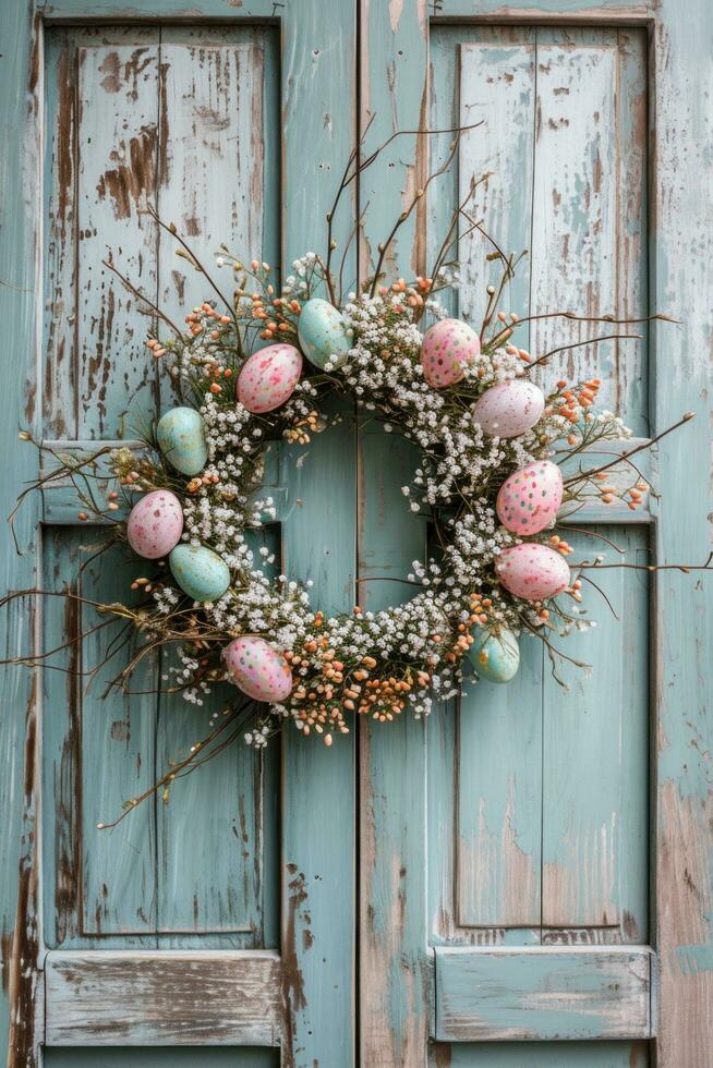 AI generated Rustic Easter Egg Wreath Hanging on Vintage Distressed Wooden Door photo
