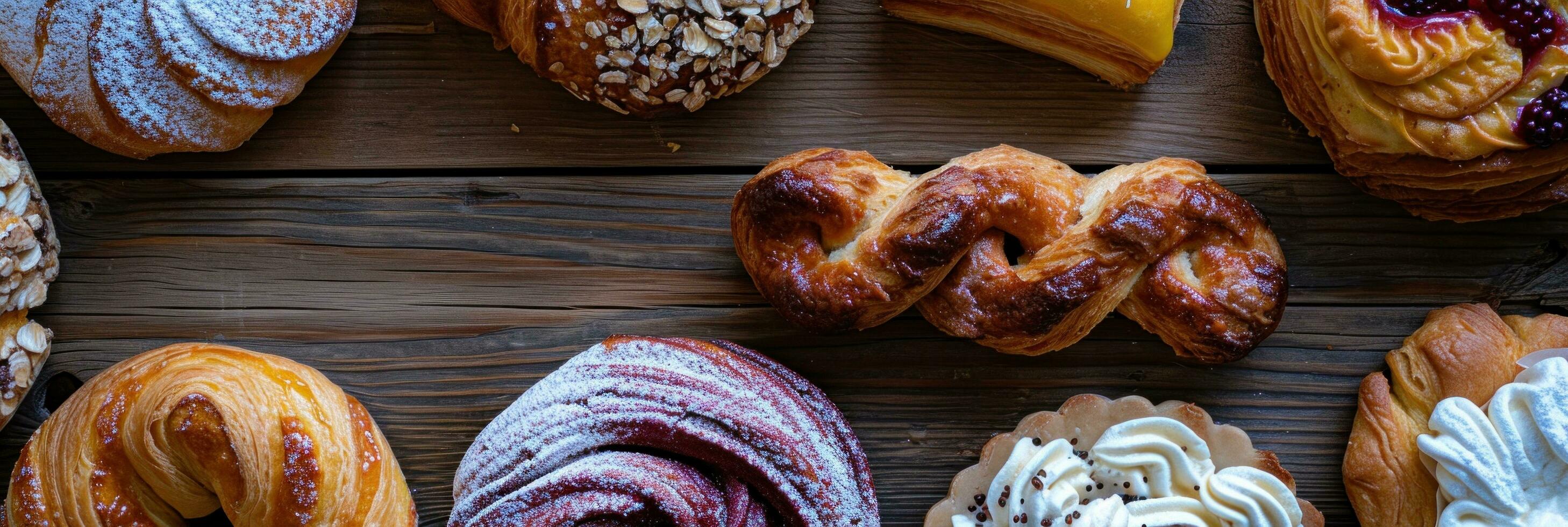 AI generated several different pastries are put on a wooden table photo