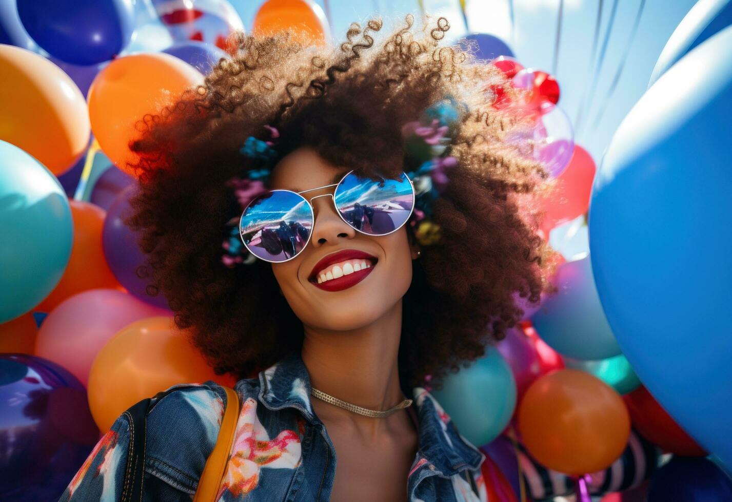 AI generated afro haired young girl with glasses and balloons photo