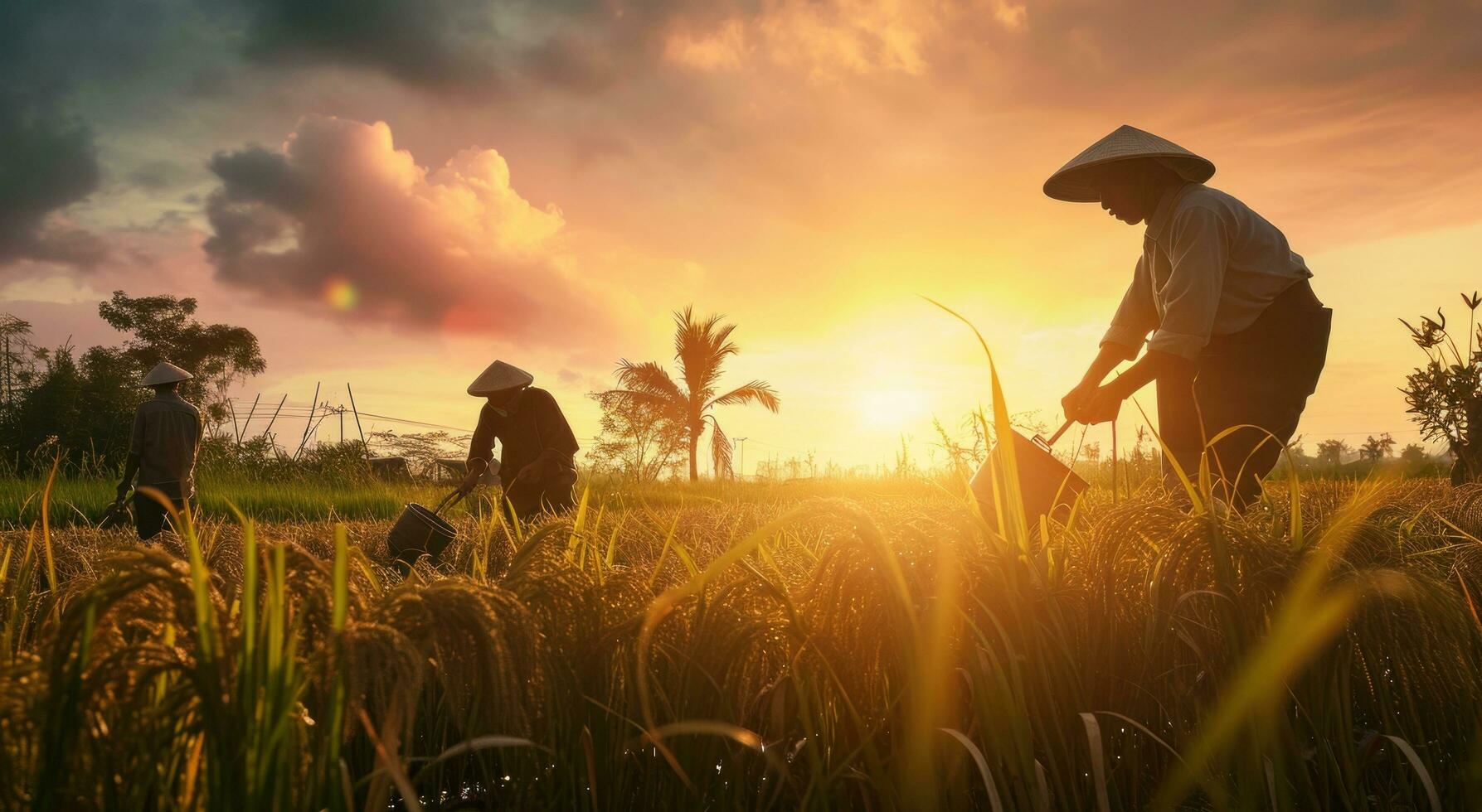 AI generated these farmers work with their hands in the field at sunset photo