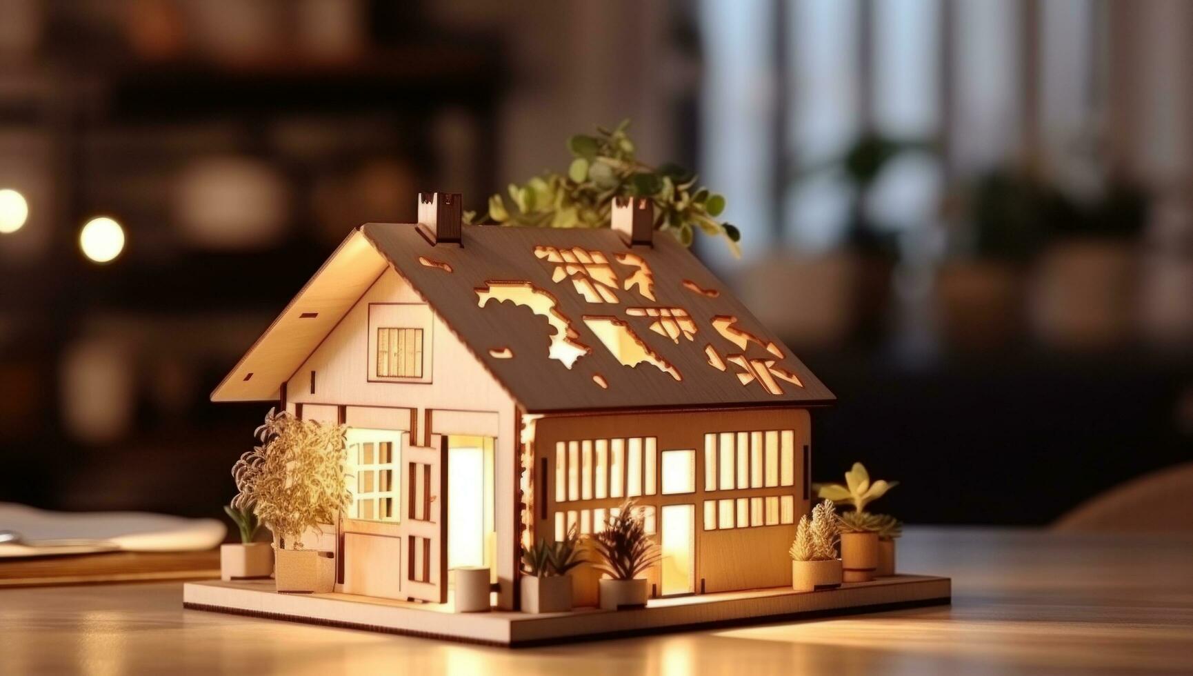 AI generated a wooden house model on a wooden table with greenery photo