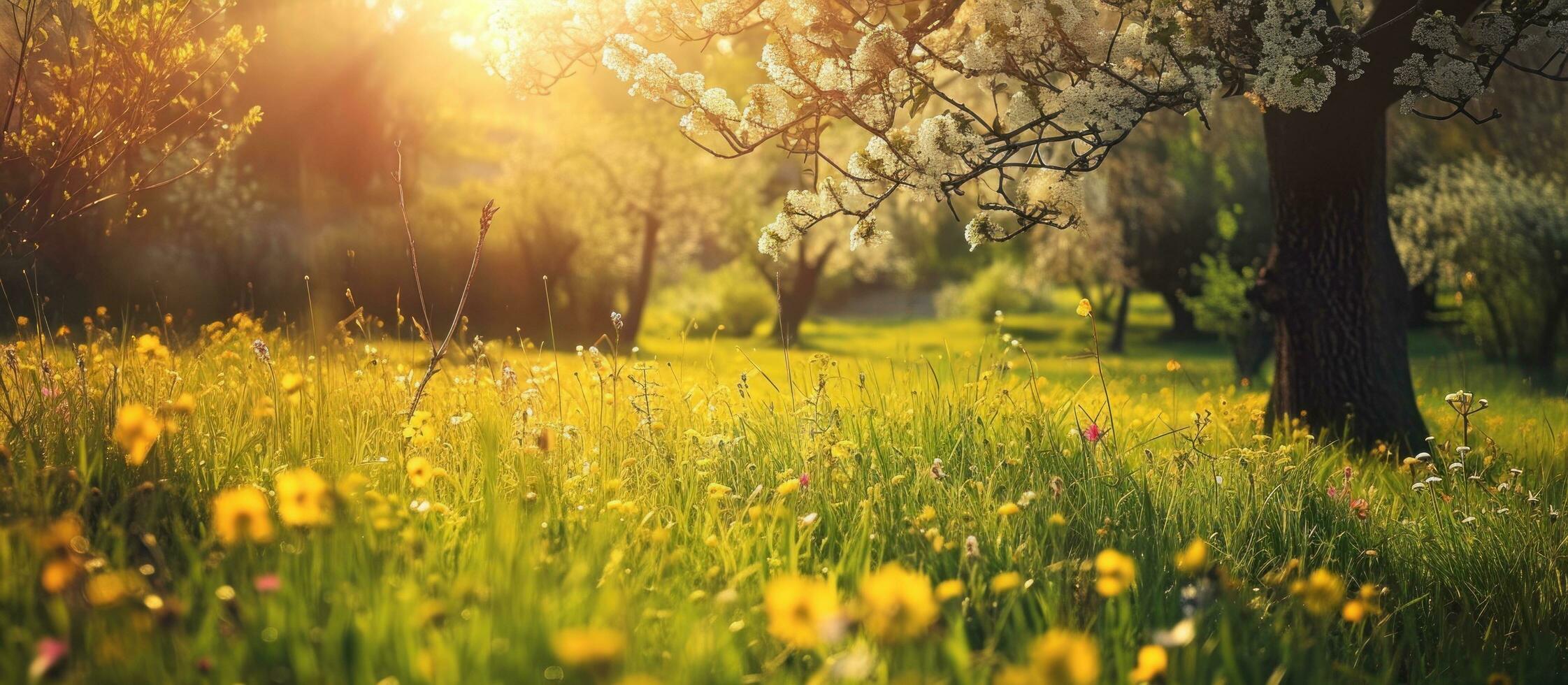 ai generado un amarillo césped con arboles y flores en el antecedentes foto