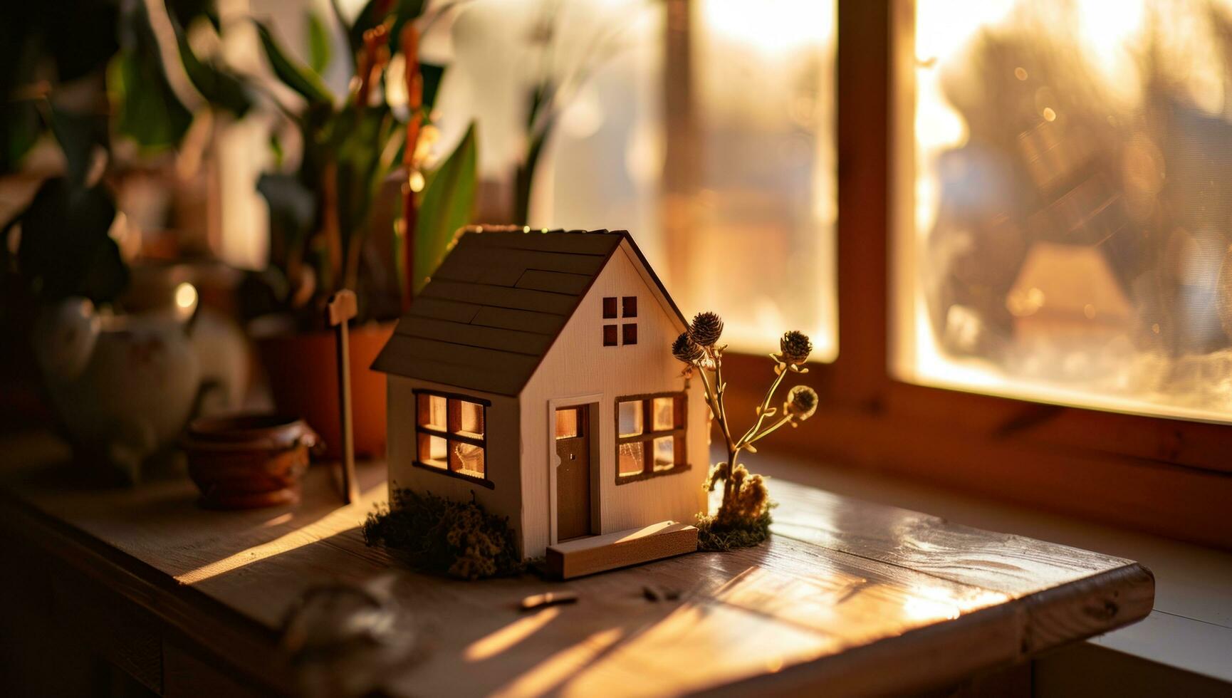 AI generated a wooden model of a house on a table with a window showing photo