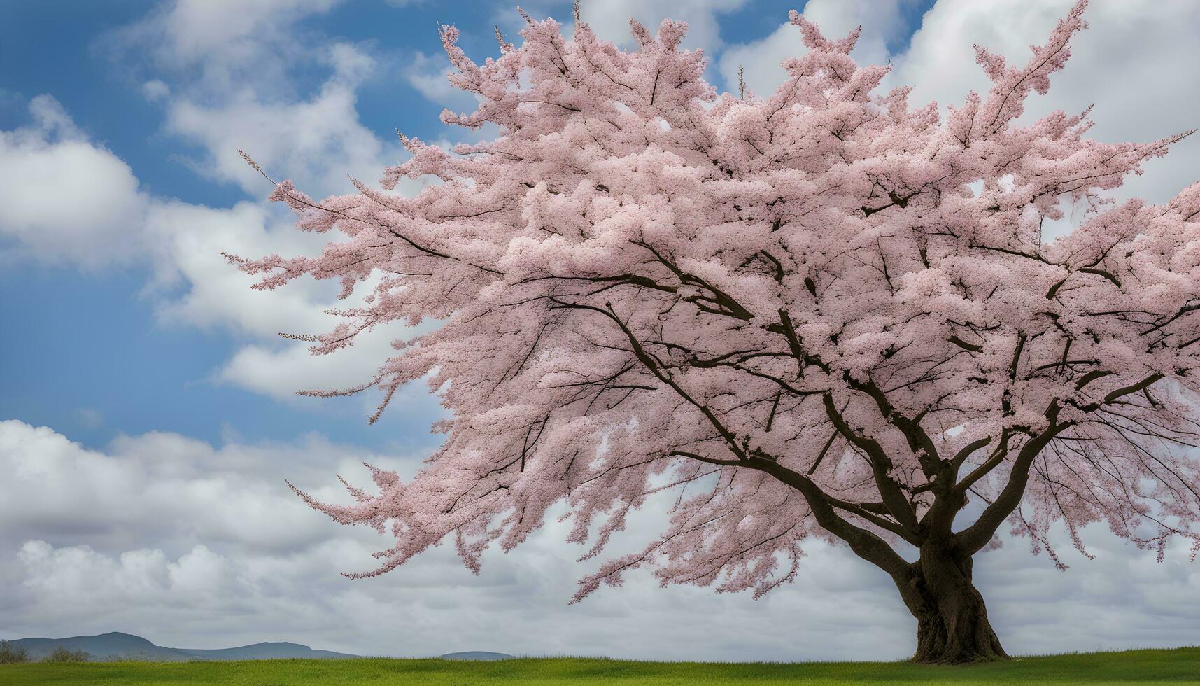 ai generado un grande rosado árbol con blanco flores en el medio de un campo foto