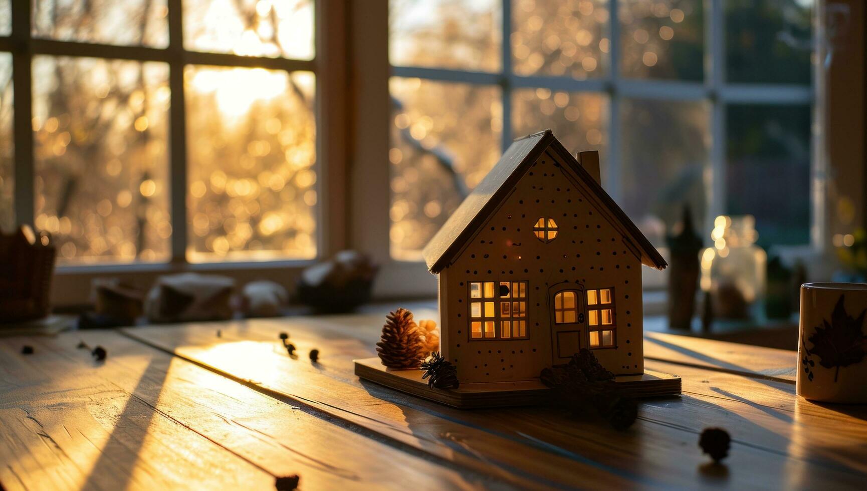 AI generated a wooden house model on the wooden table in front of a window photo