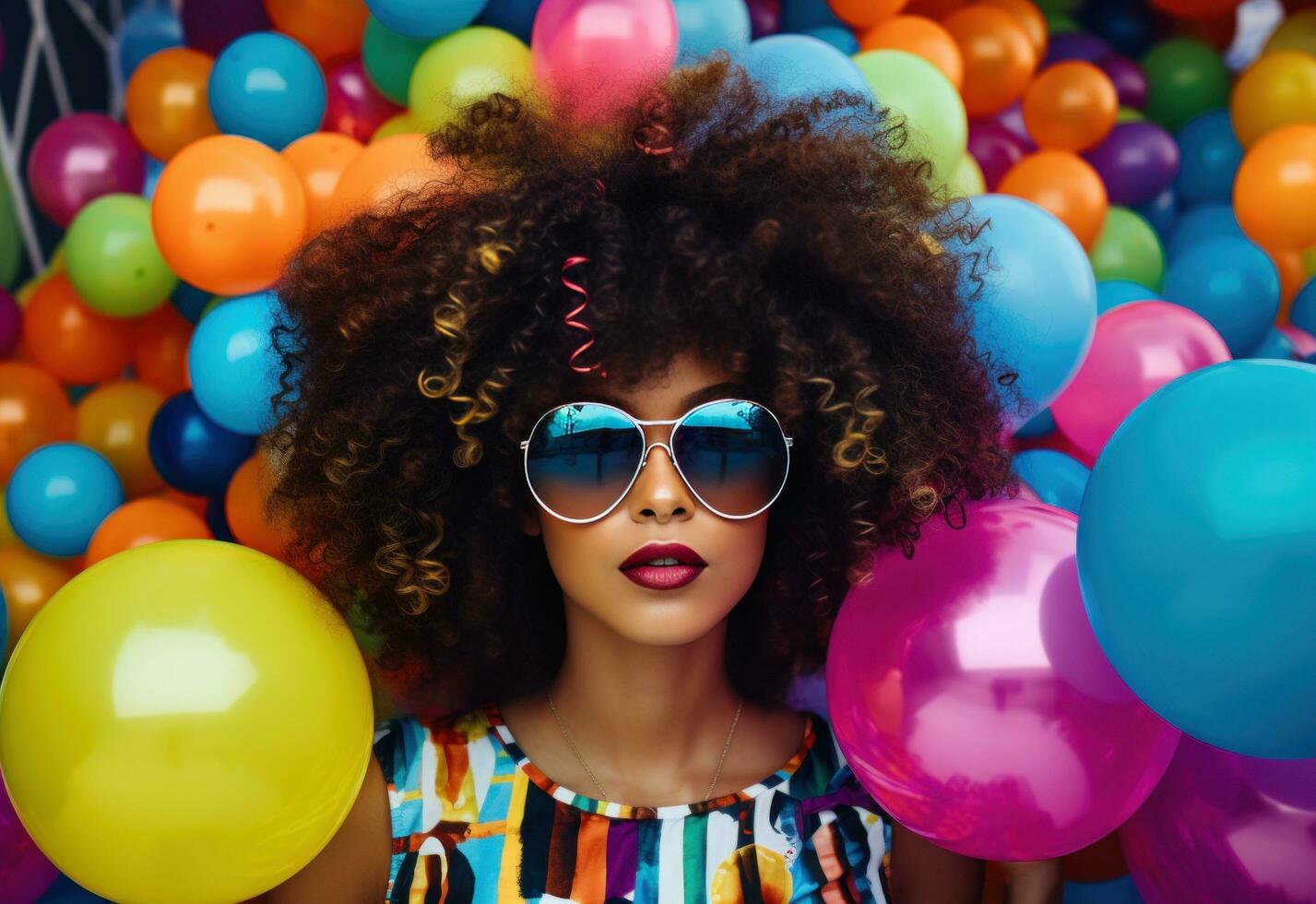 AI generated afro haired young girl with glasses and balloons photo