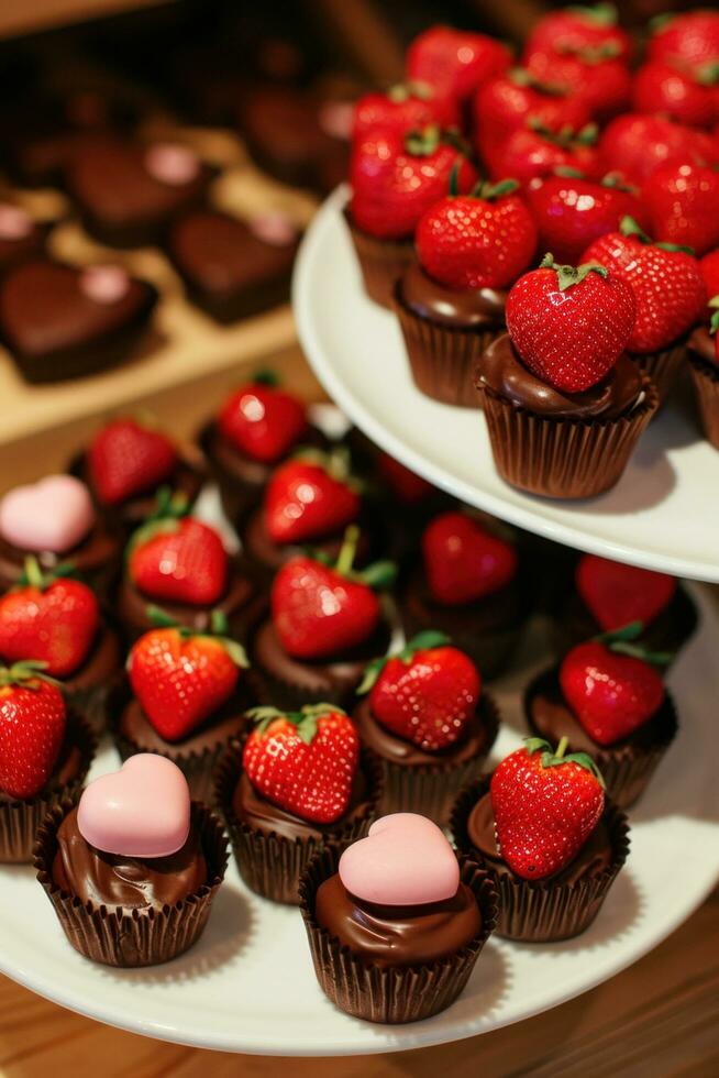 ai generado decadente bombones, fresas, y en forma de corazon postres foto