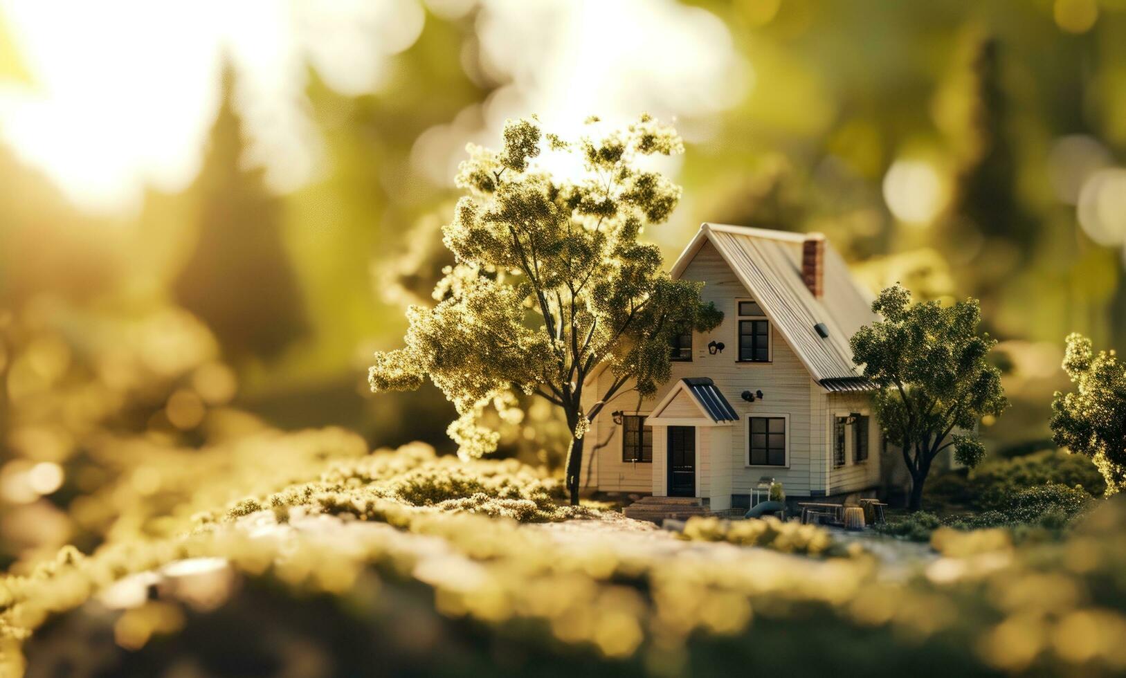 AI generated an image of a small house with trees around it photo