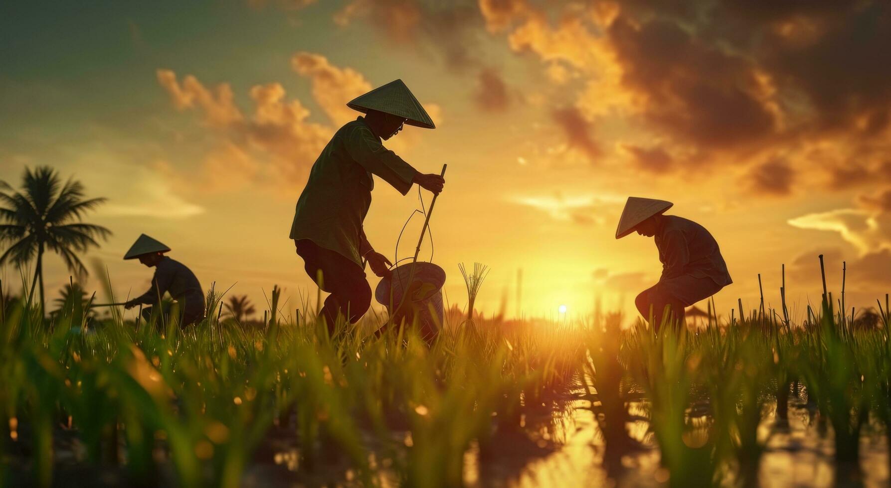 AI generated these farmers work with their hands in the field at sunset photo