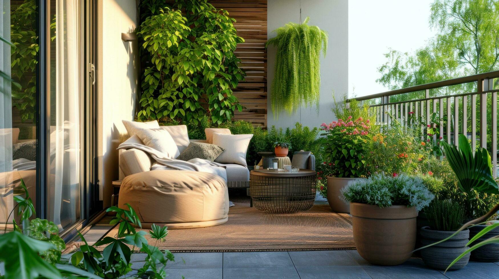 ai generado un al aire libre terraza adornado con en conserva plantas, cómodo asientos foto