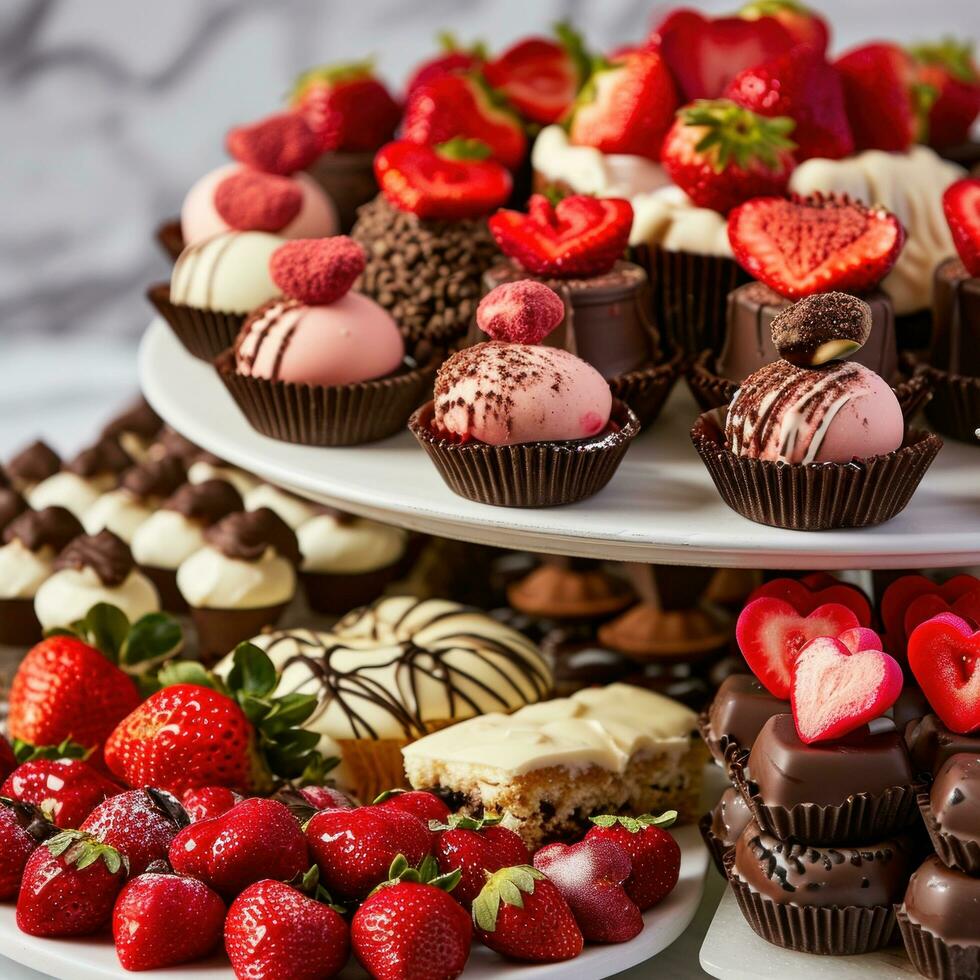 AI generated Decadent chocolates, strawberries, and heart-shaped desserts photo