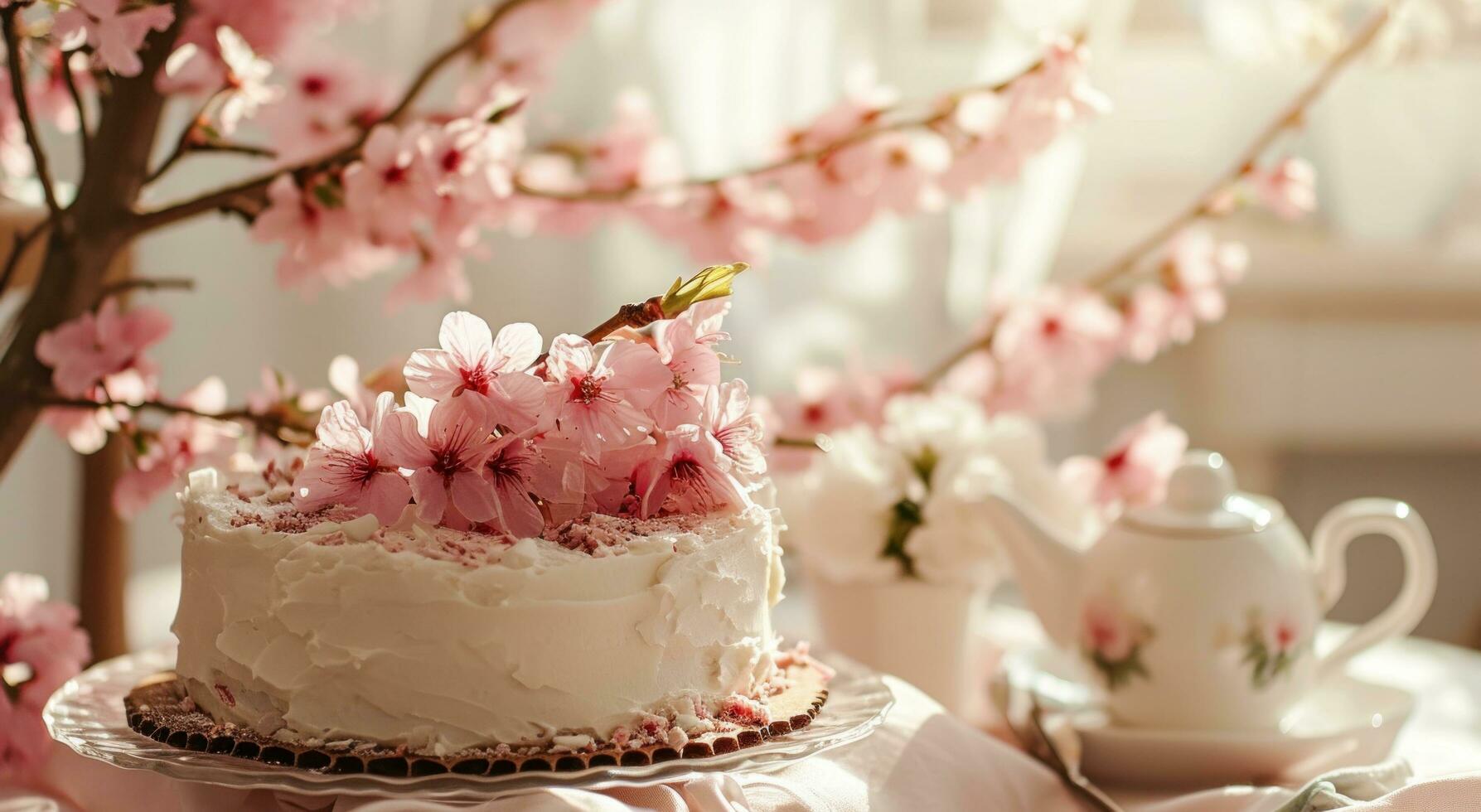 AI generated beautiful pink flowers are shown behind the cake and teapot photo