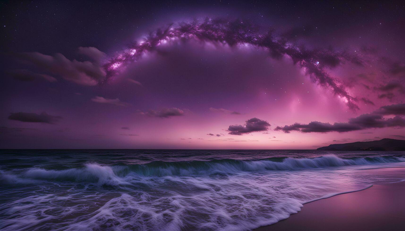 AI generated a purple sky and a rainbow over the ocean photo