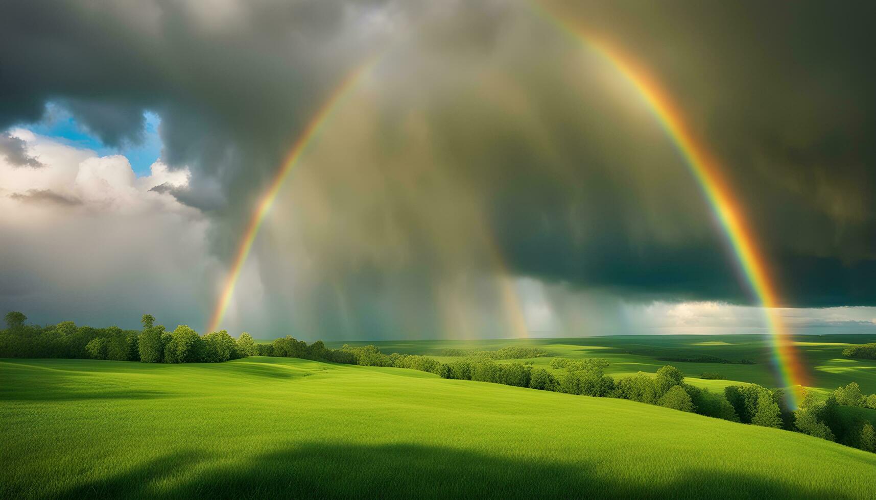 AI generated rainbow over green field with trees and sky photo