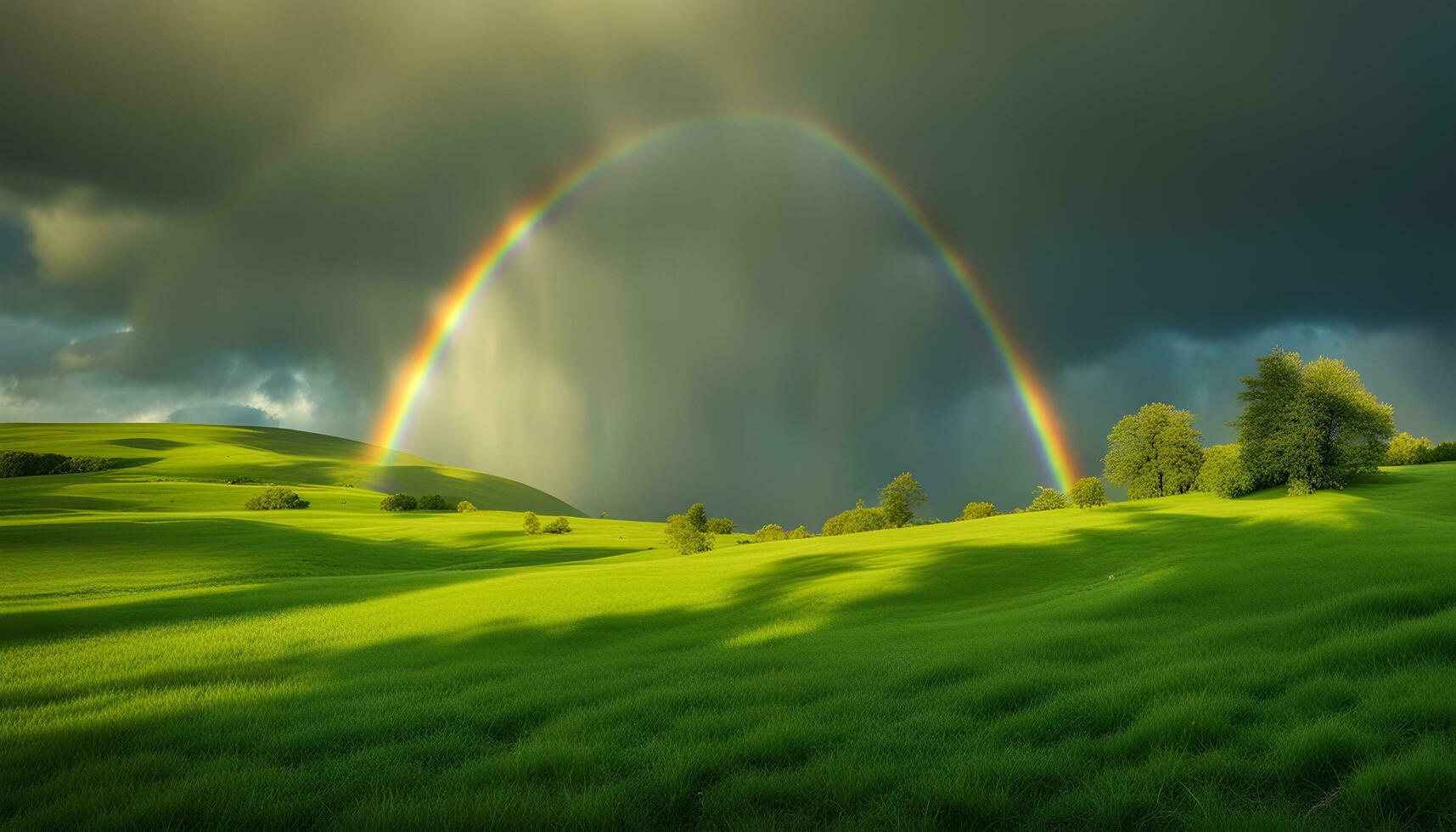 AI generated rainbow over green grassy field with trees and sky photo