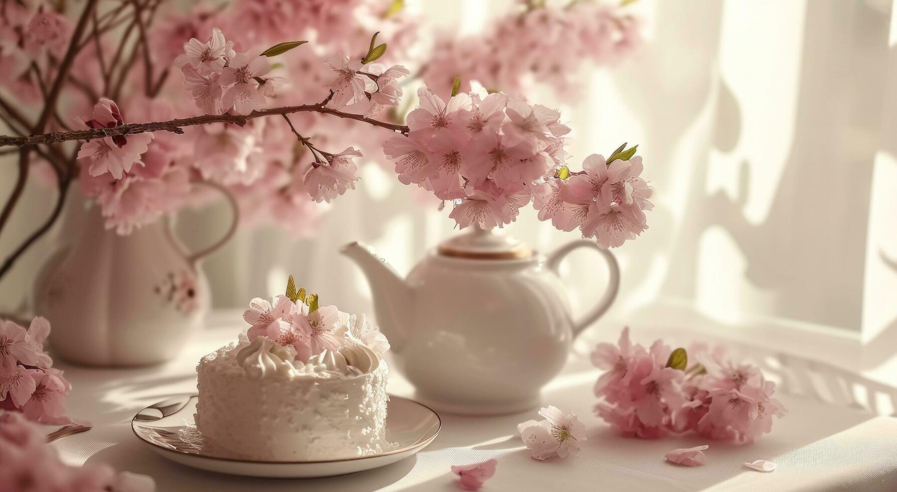 AI generated beautiful pink flowers are shown behind the cake and teapot photo