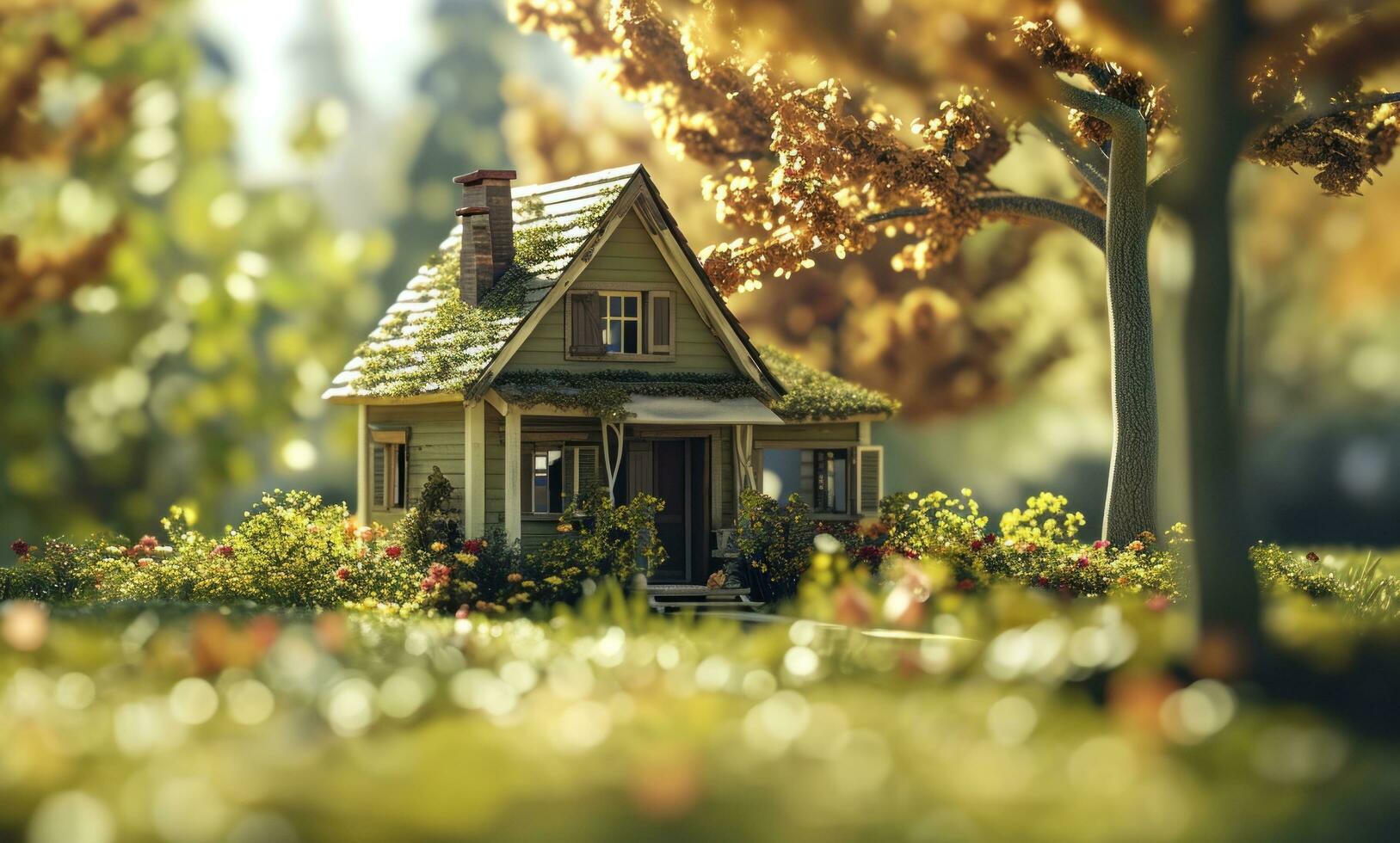 AI generated an image of a small house with trees around it photo