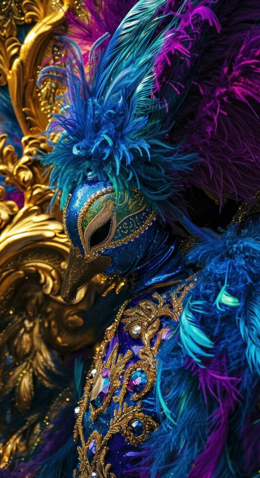 ai generado carnaval cliente con azul y púrpura plumas foto