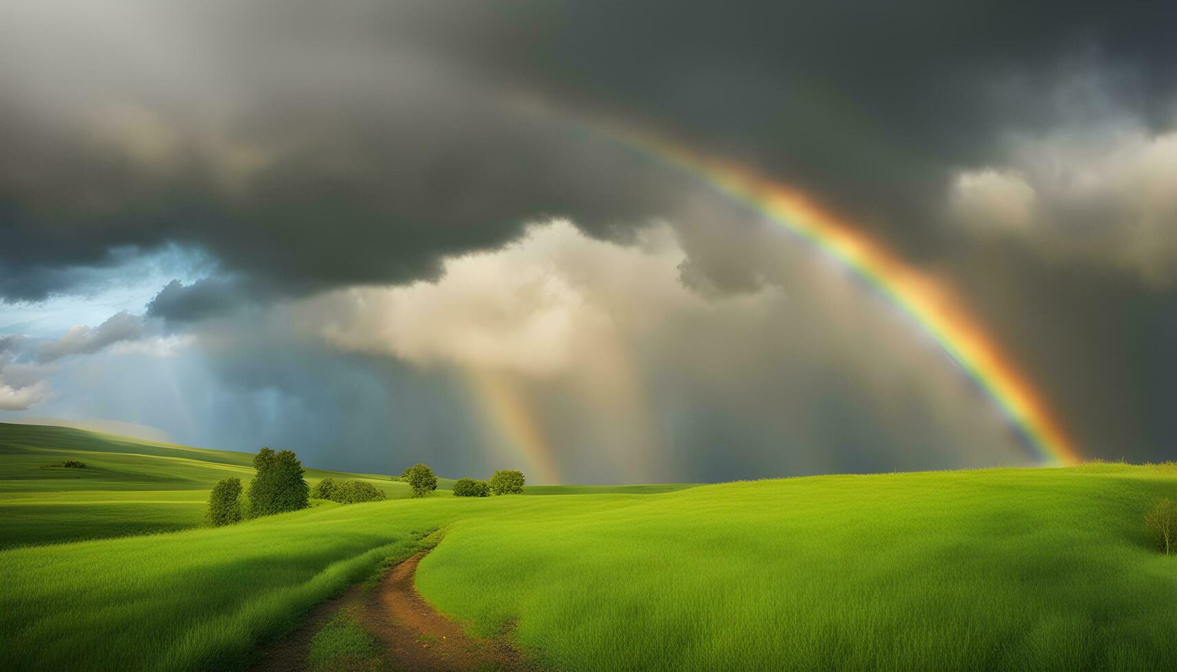 AI generated rainbow over green field with trees and grass photo