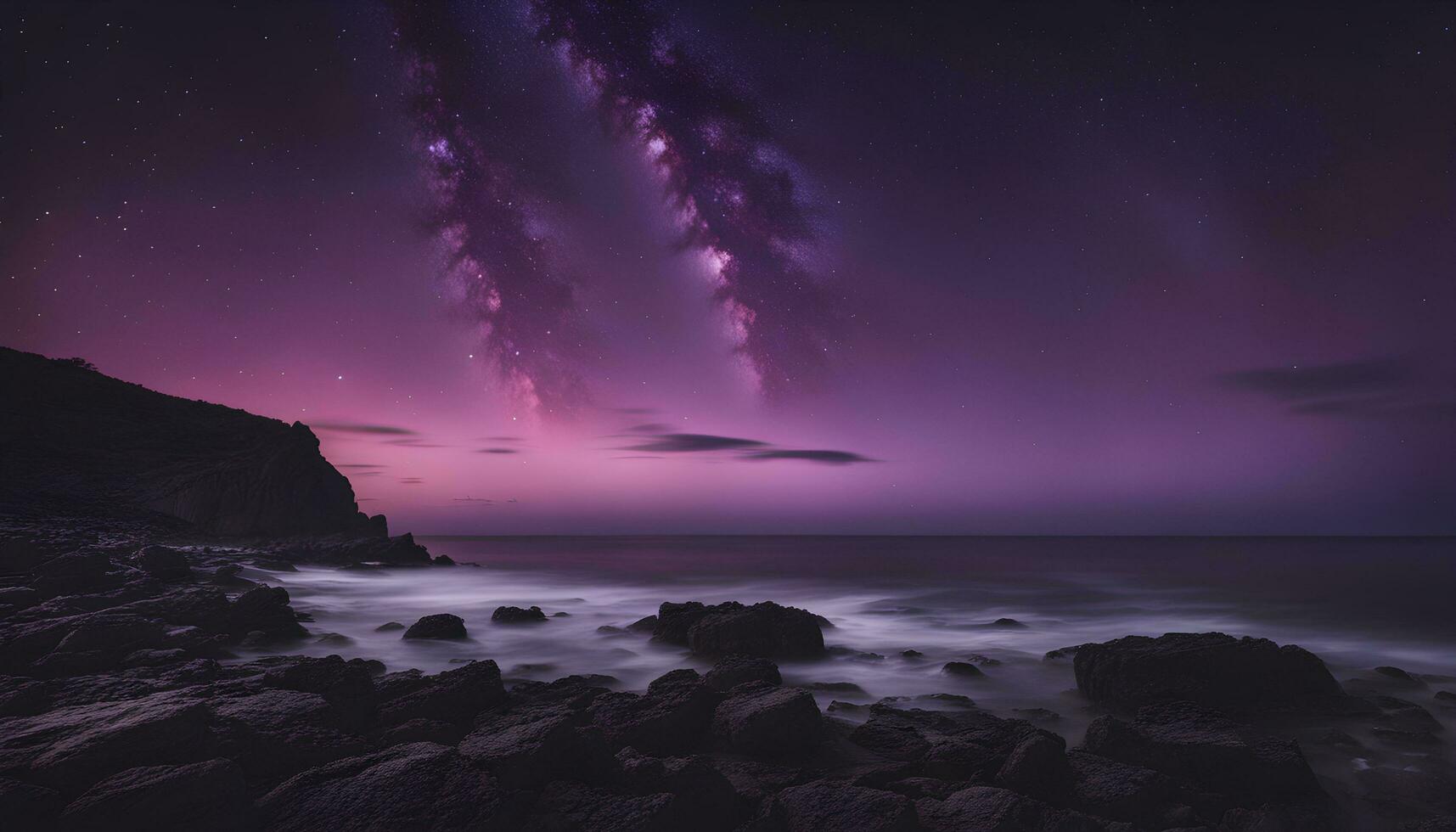 AI generated purple sky over the ocean with rocks and rocks photo