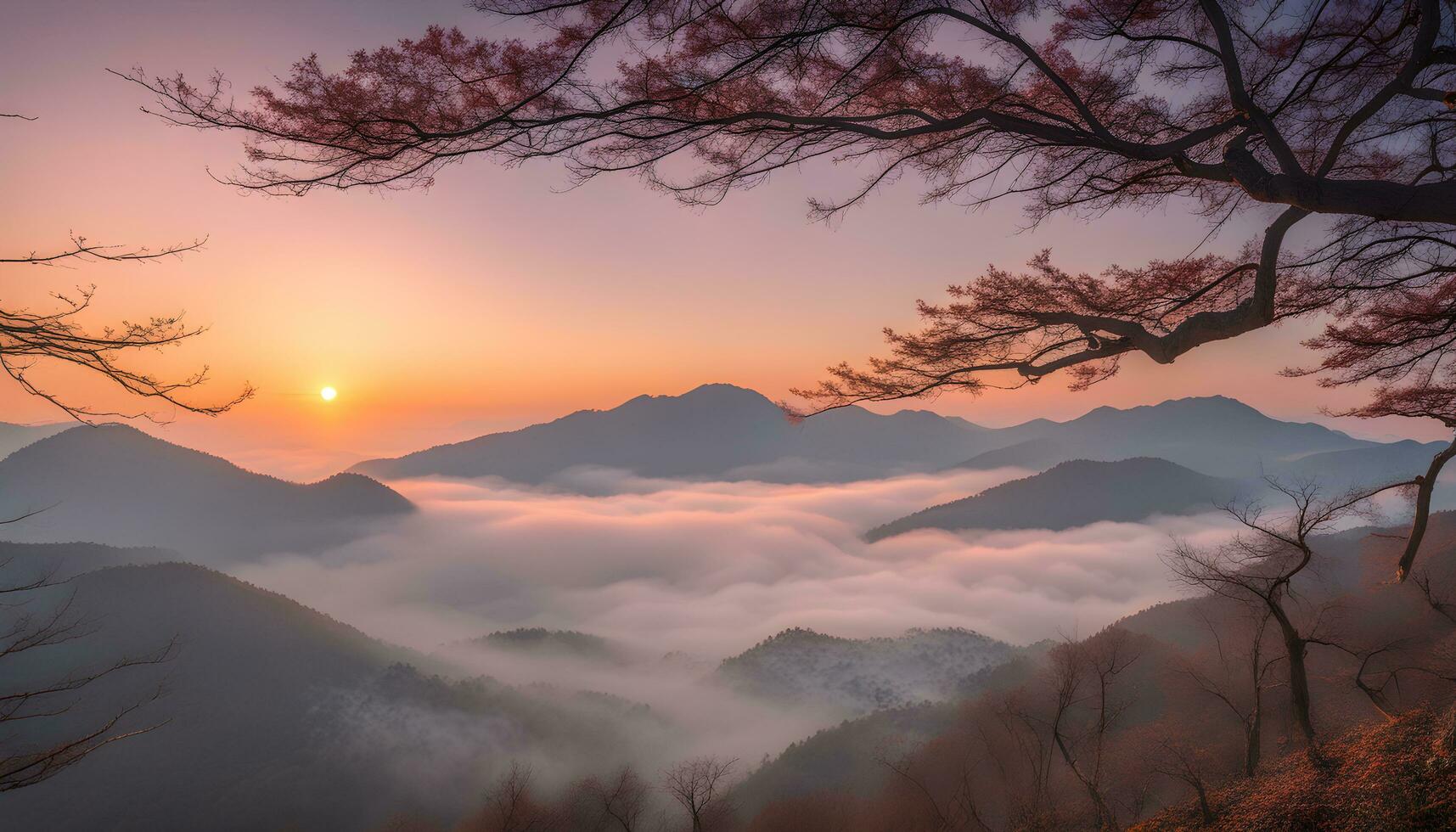 AI generated a beautiful sunrise over the mountains with trees photo