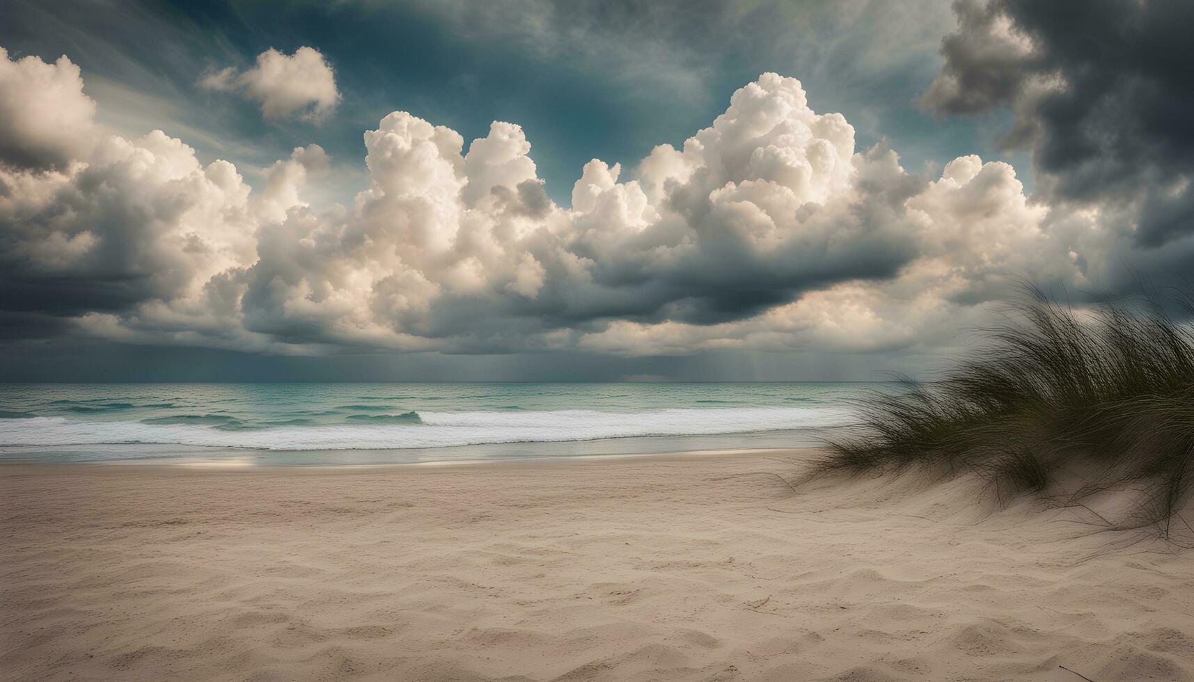 AI generated a beach with sand and clouds photo