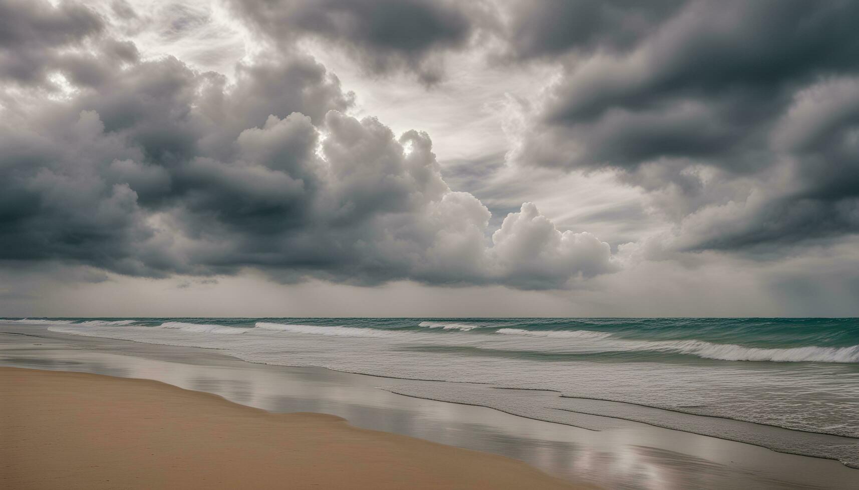 AI generated a beach under a cloudy sky with waves and sand photo