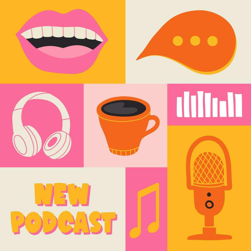 Podcast, news, talk show, live streaming, mobile app concept. Hand drawn vector illustrations.