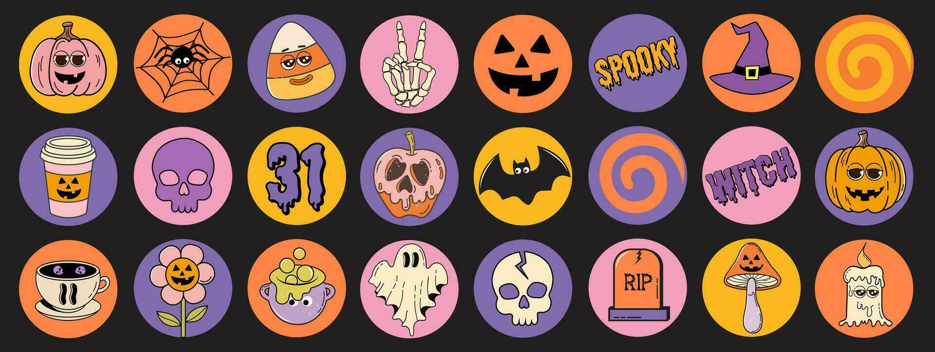 Halloween circle stickers set. Trendy retro groovy style. Ghost, skeleton hand, pumpkin and etc. Retro vector Illustration.