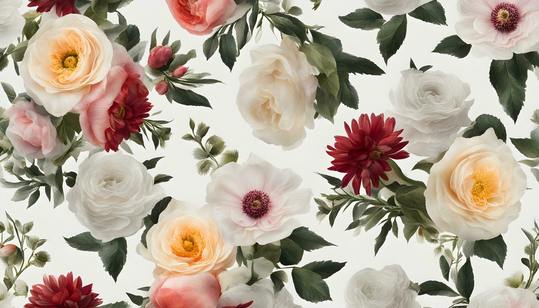 AI generated floral pattern with white and red flowers photo