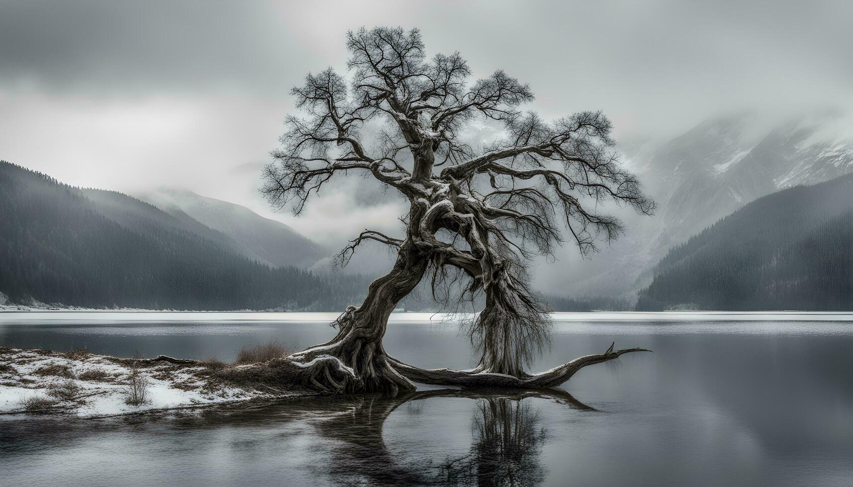 AI generated a lone tree stands in the middle of a lake photo