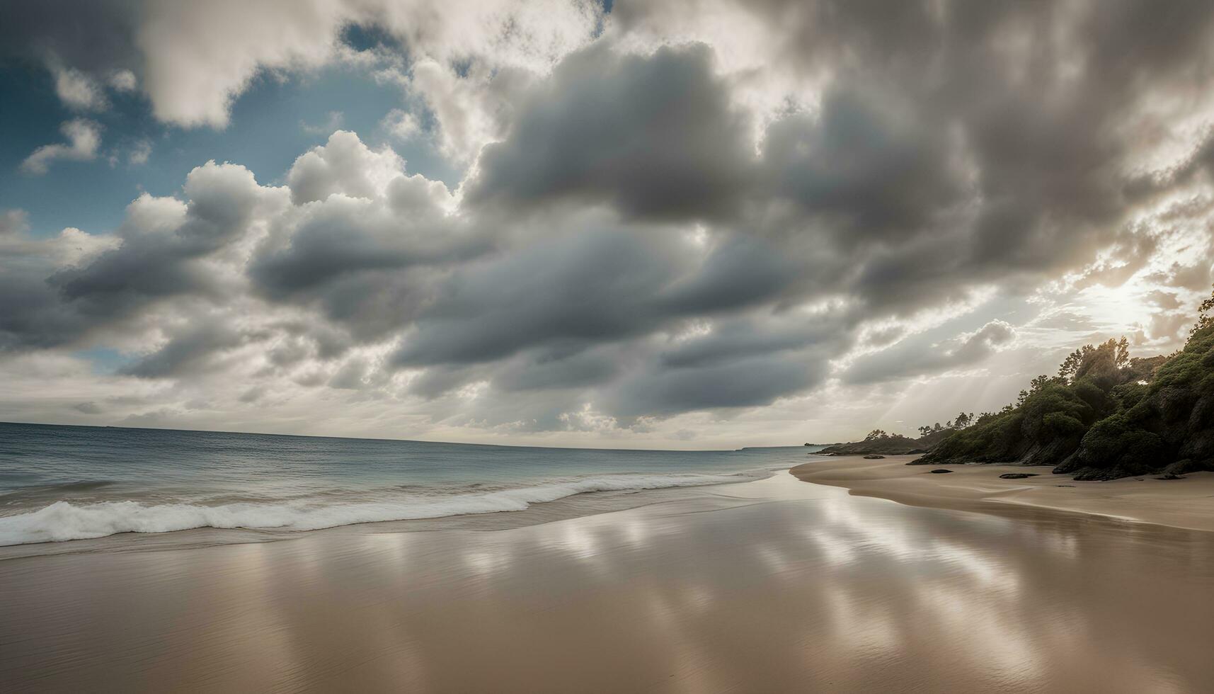 AI generated a beach under cloudy skies with waves and trees photo